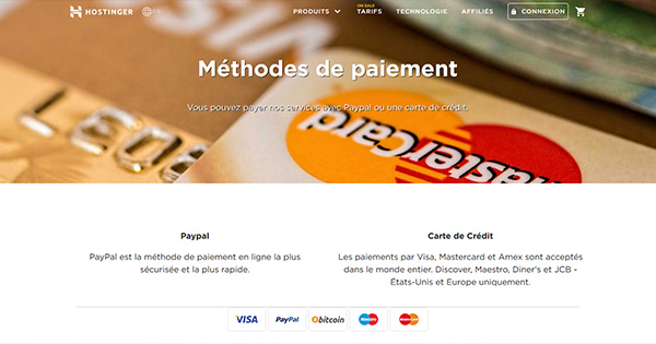 Moyens paiement Hostinger