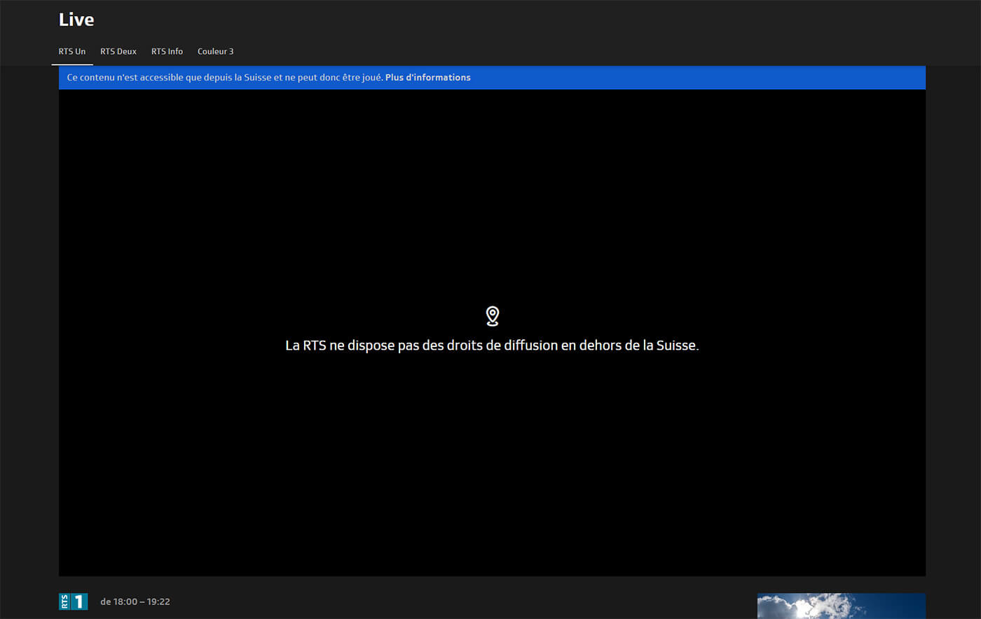 Message géo-blocage Chaine RTS
