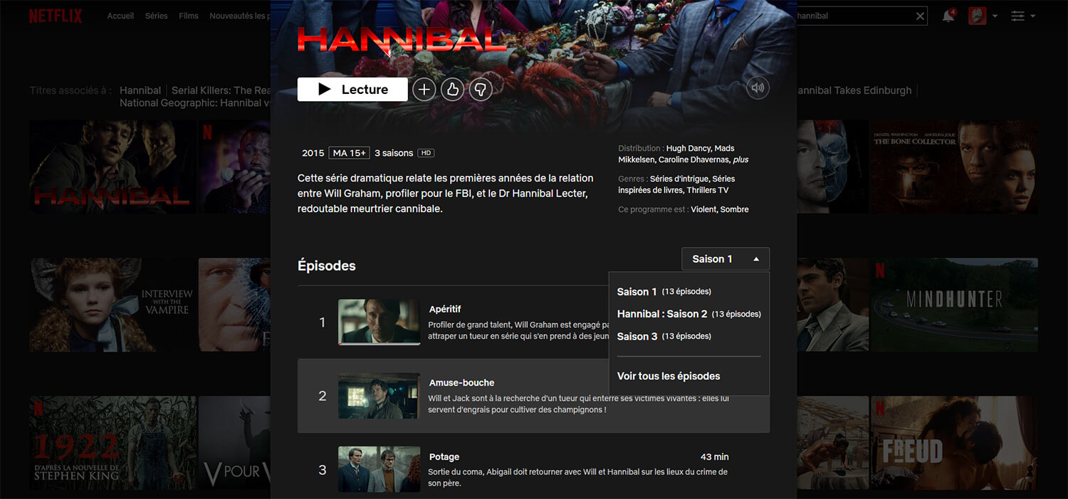 Hannibal 3 saison Netflix Australie